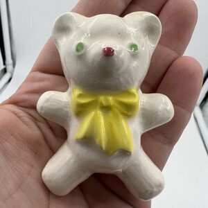 Rare Vintage Macrame Ceramic Bead Baby Bear Yellow Bow Figurine Stuffy Lovie